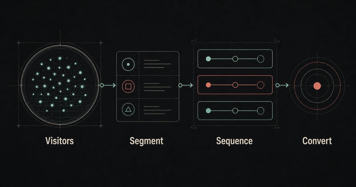 Dark retargeting sequence showing Instagram landing page visitors segmented into warmer listener audiences
