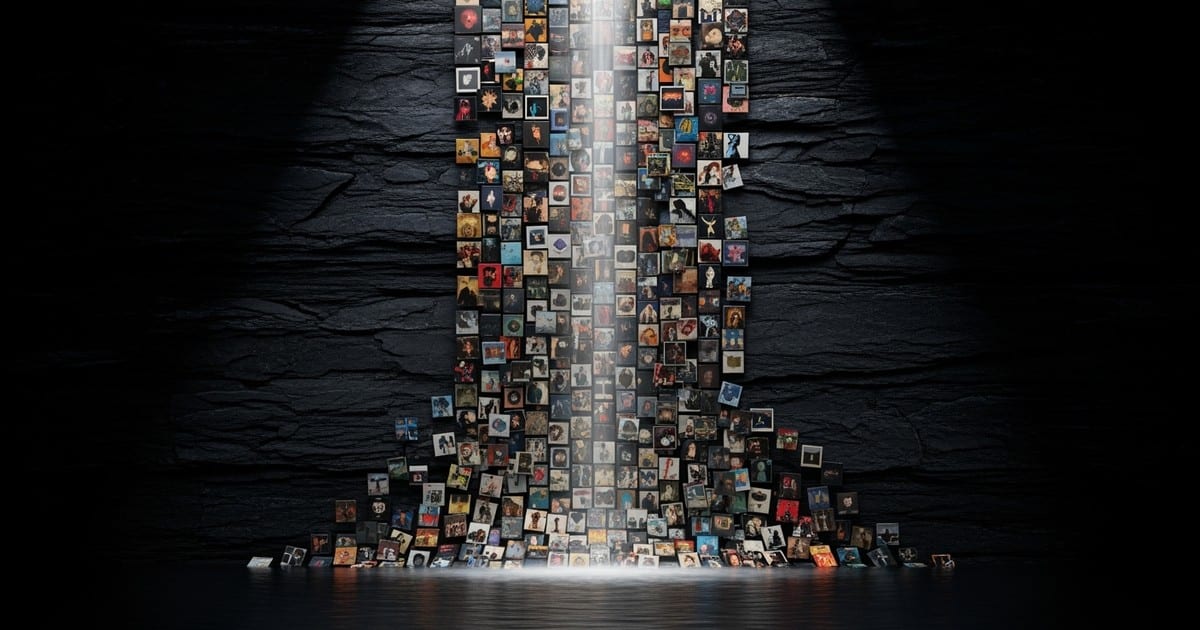 A conceptual waterfall made of cascading album art singles, pooling into a larger album cover at the bottom.