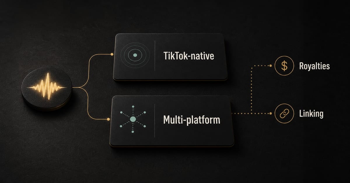 Dark comparison sculpture showing SoundOn and DistroKid distribution paths into TikTok and streaming platforms