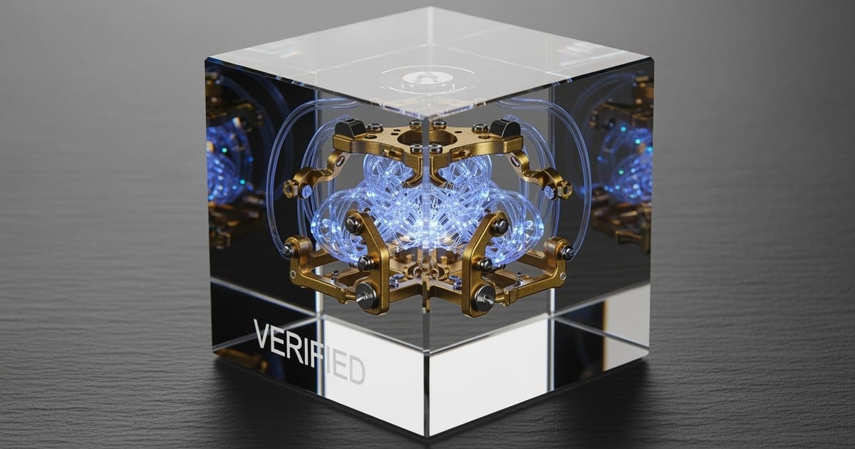 A macro photograph of a transparent sapphire cube balancing on its corner, containing a fusion of gold gears and glowing blue optical