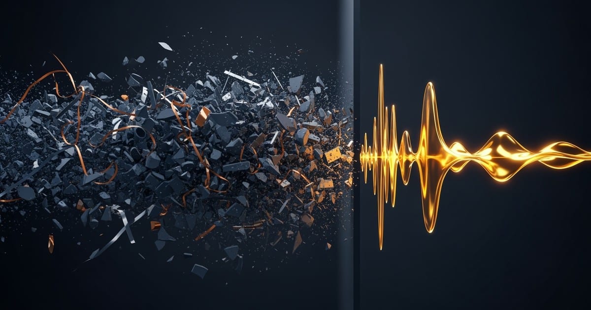 A high-speed macro 3D render of a chaotic cloud of gray debris and tangled tape being stripped away to reveal a pristine, glowing golden