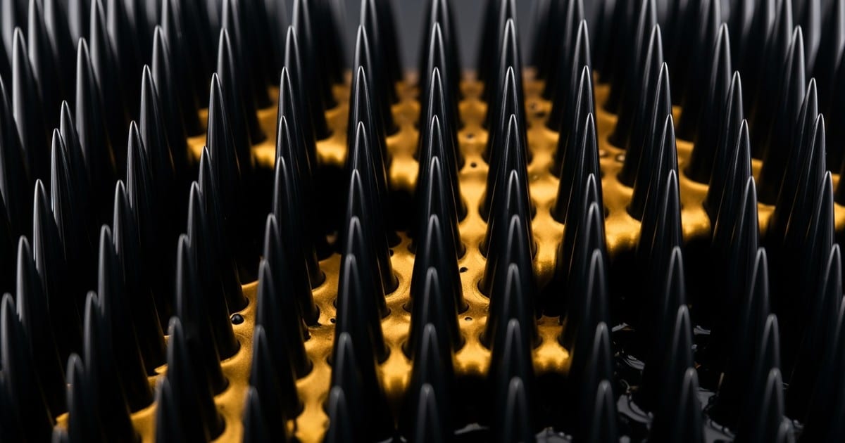 Macro photograph of a cymatic experiment where sharp, black ferrofluid spikes (representing algorithms) surround smooth pools of organic