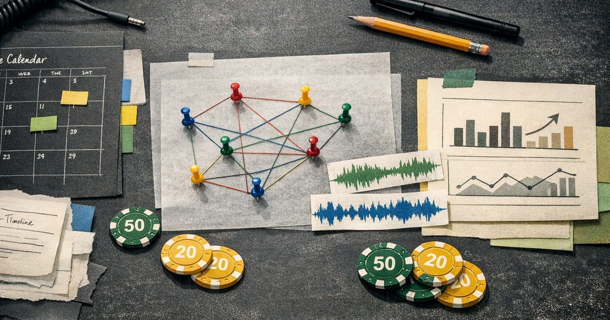 Editorial campaign planning desk with release calendar, audience map, budget tokens, and waveform strips for a Spotify campaign strategy guide.