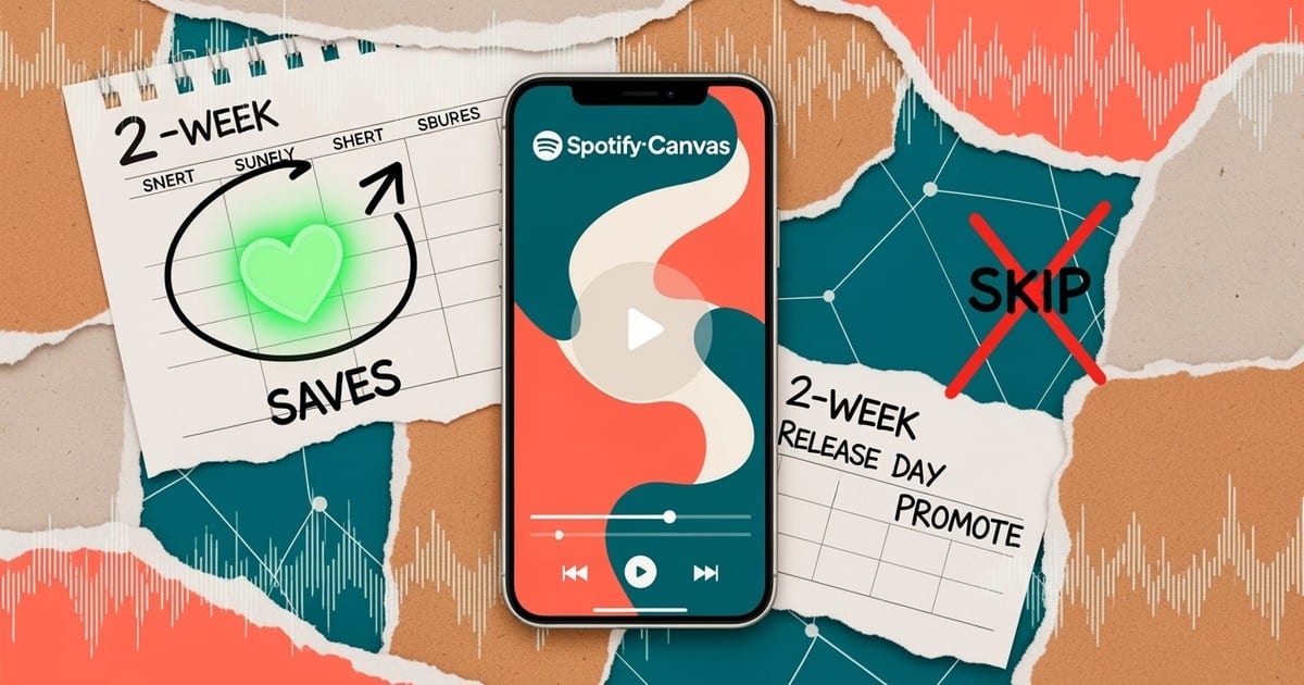 A mixed-media collage of a smartphone showing a Spotify Canvas, surrounded by hand-drawn notes about increasing saves.