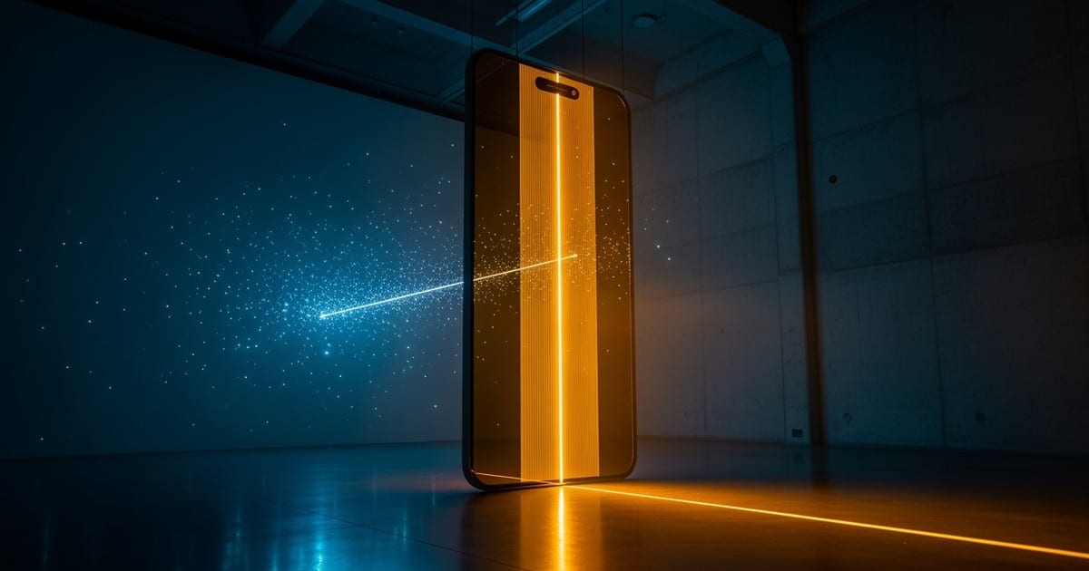 A massive, rectangular amber glass monolith suspended in a brutalist concrete hall refracts chaotic blue lasers into a single, focused beam