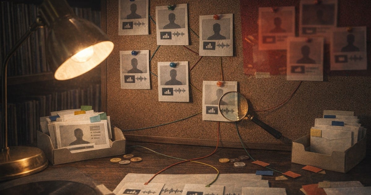 Lamp-lit listening room with corkboard curator cards, magnifying glass, record shelves, and a red risk cluster for a Spotify playlist curator guide.