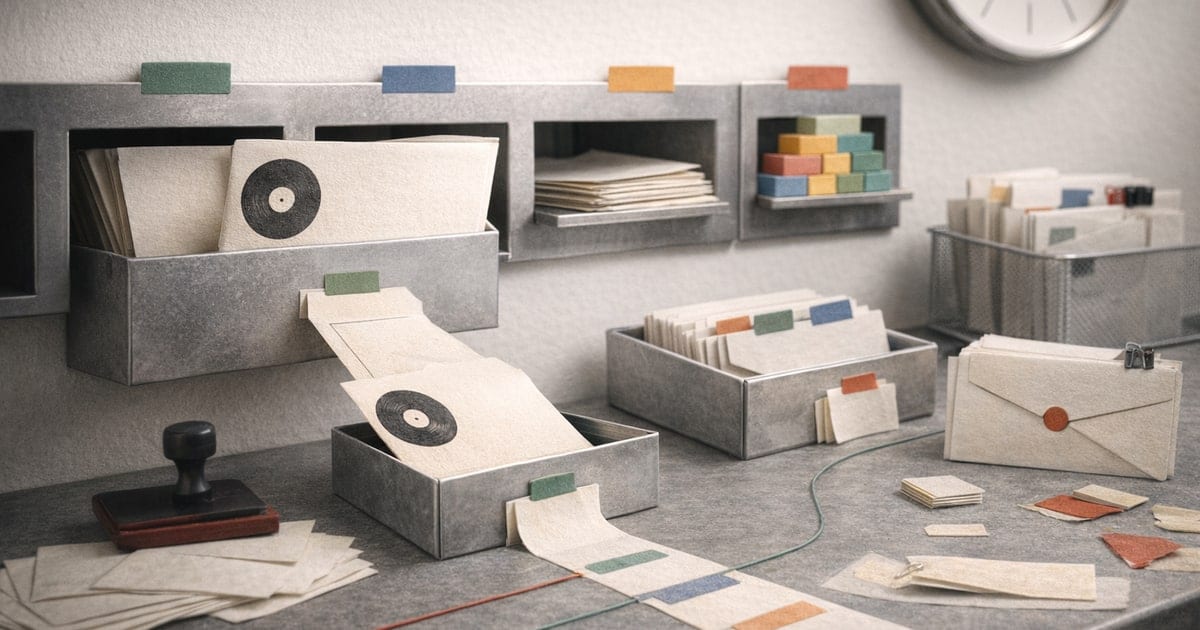 Music office mailroom with metal sorting slots, release envelope, stamp pad, and color-coded process stages for a Spotify playlist submission guide.