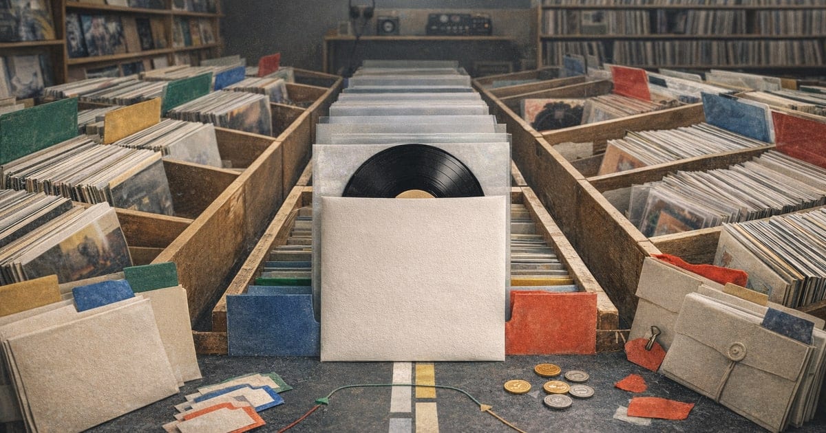 Independent record-store aisle with three record-bin lanes converging on a featured sleeve for a Spotify playlisting strategy guide.