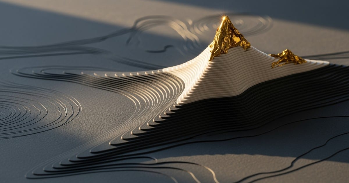 A conceptual paper-art landscape where a vast, dark grey plain represents millions of unpaid tracks, contrasted by a steep, glowing gold