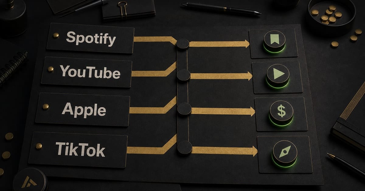 Dark editorial strategy-room illustration for Spotify vs Apple Music: ROI Compared [2026]
