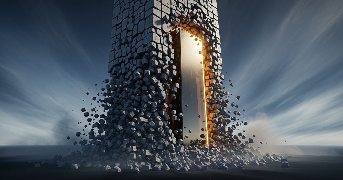 A monumental tower sheds a thick, grey, jagged outer crust of compressed ash to reveal a pristine, glowing amber and glass core inside.