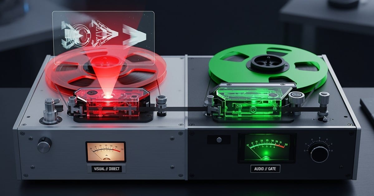 A futuristic reel-to-reel tape machine features two contrasting sides: the left spools glowing red tape with a holographic video