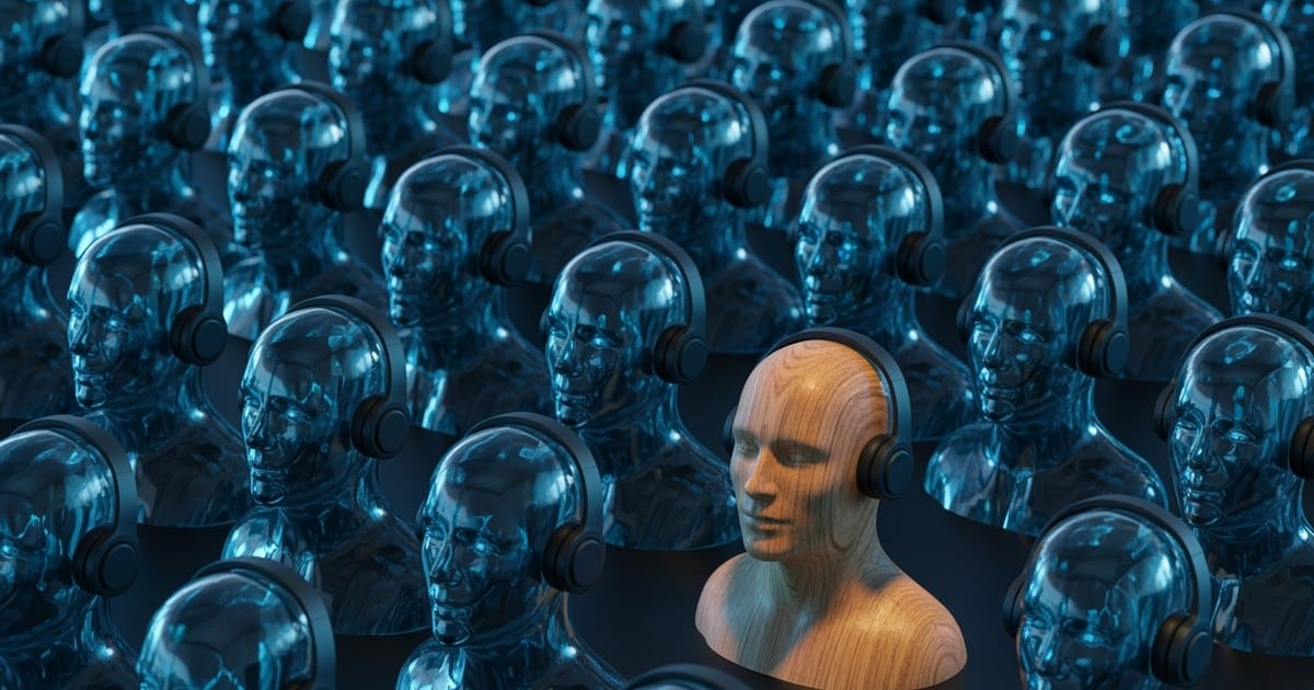 A conceptual 3D illustration showing a single wooden mannequin head wearing headphones, surrounded by an infinite army of glowing,