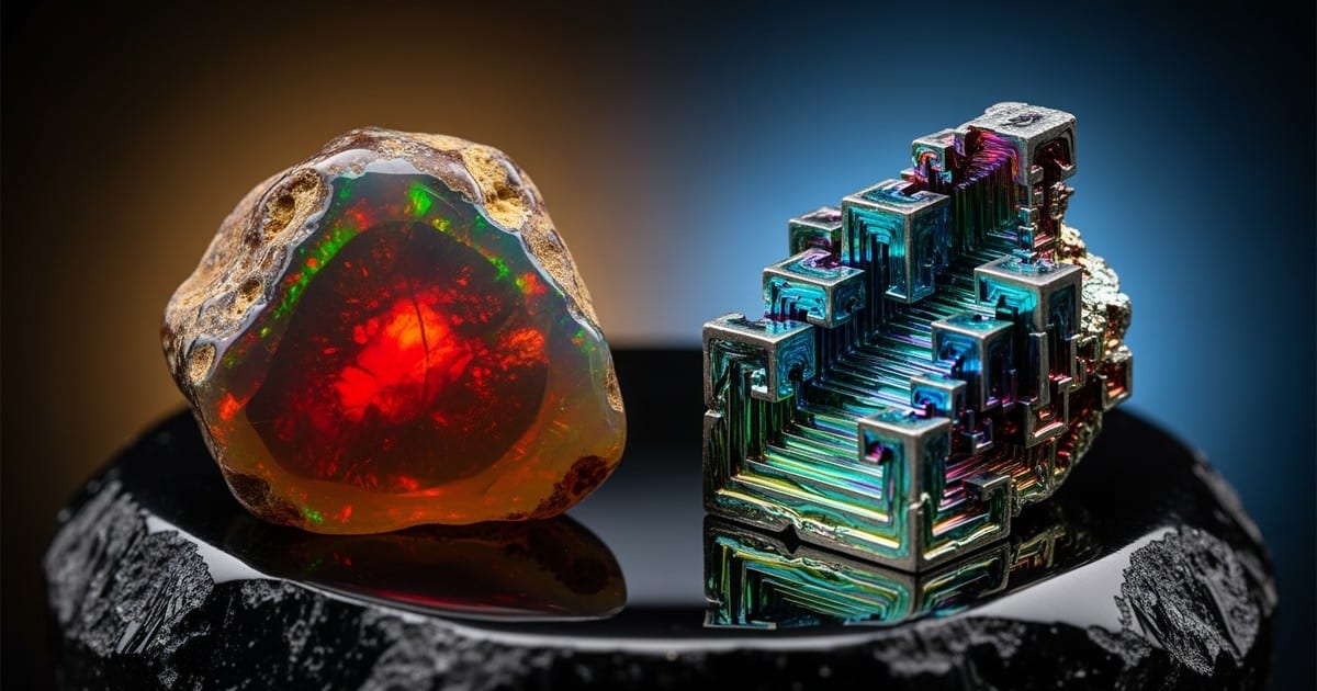 Macro photograph of a glowing Fire Opal and a geometric Bismuth crystal side-by-side on dark glass, symbolizing organic vocals versus