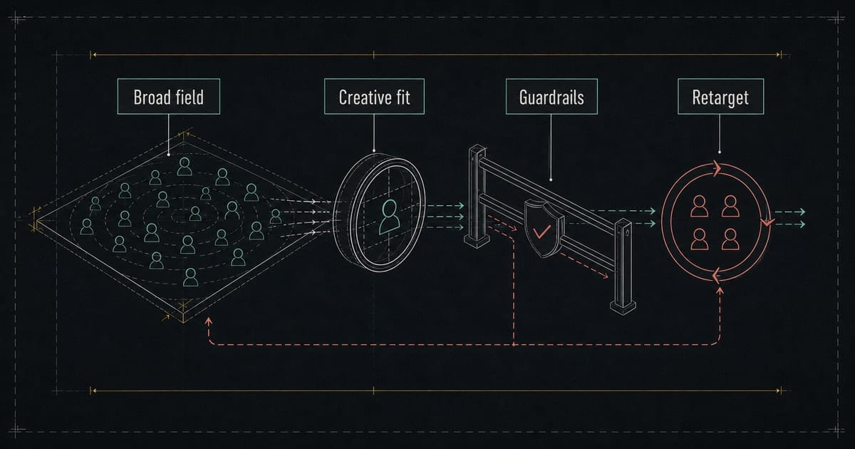 Dark genre-fit targeting blueprint showing broad audience field, creative fit, guardrails, and retargeting loop