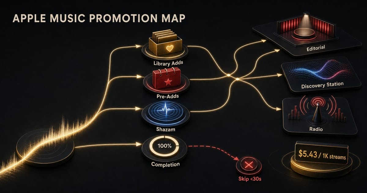 Infographic map showing Apple Music promotion signals flowing into editorial, Discovery Station, and radio surfaces