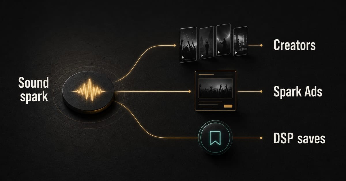 Dark TikTok music promotion map showing discovery, Spark Ads, and streaming conversion paths