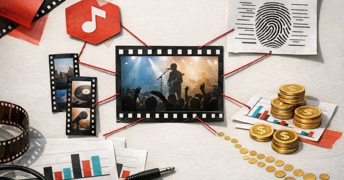 Editorial collage of music video frames, Shorts, Content ID lines, ad tokens, and royalty dots for a YouTube music promotion guide.