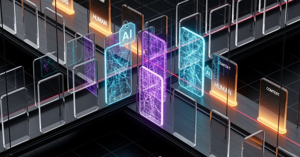 Isometric 3D render of vertical glass slabs on a conveyor belt; AI slabs glow blue with circuitry while human slabs glow warm peach.