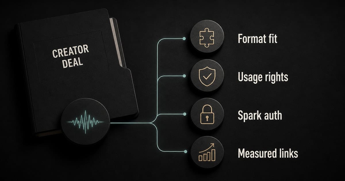 Dark creator partnership pipeline showing TikTok deliverables, rights, Spark authorization, and measured links