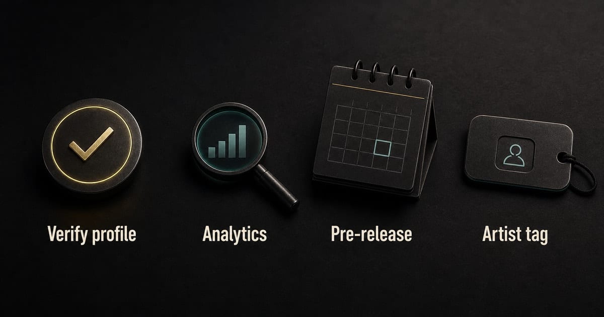 Dark TikTok for Artists setup diagram showing artist verification, analytics, and pre-release tools