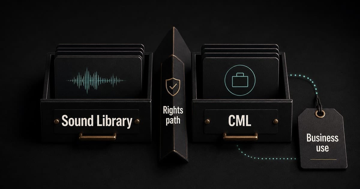 Dark TikTok licensing diagram separating general music use from commercial library rules