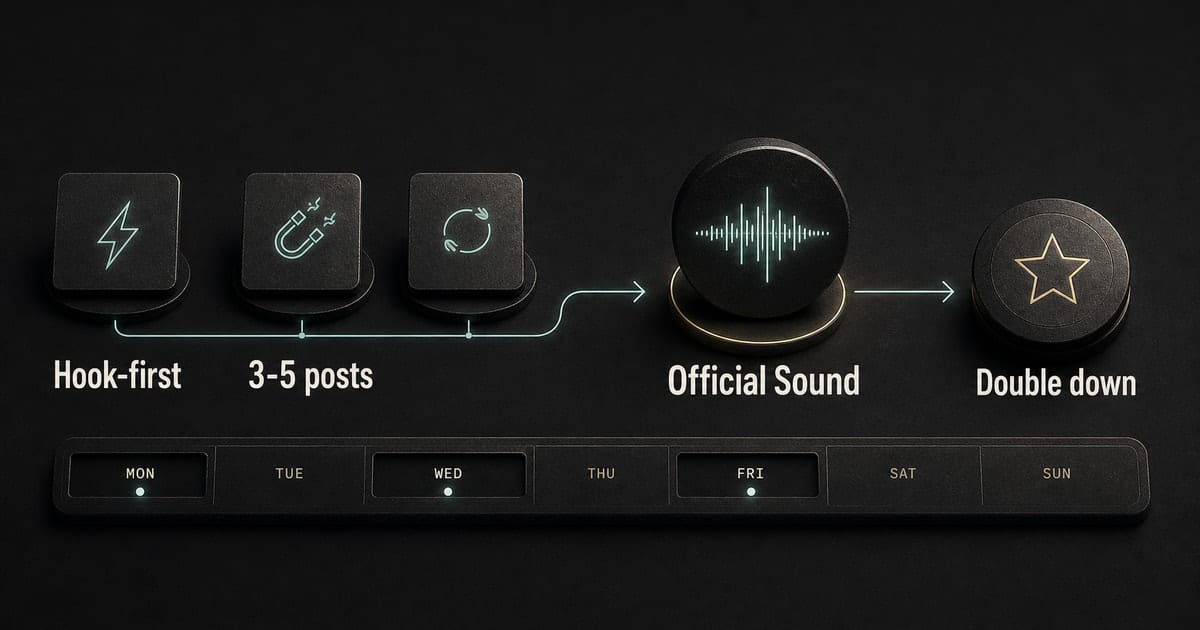Dark organic growth system showing hook-first TikTok clips, cadence, and official sound usage