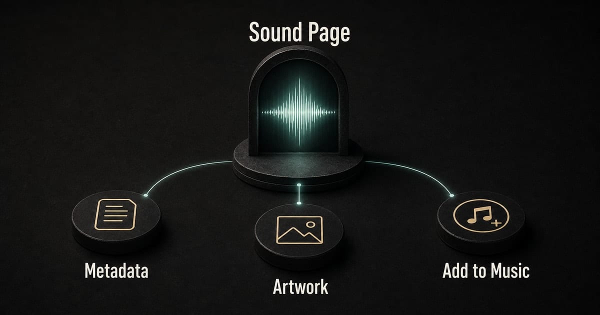 Dark TikTok sound page diagram showing metadata, artwork, content, and streaming intent