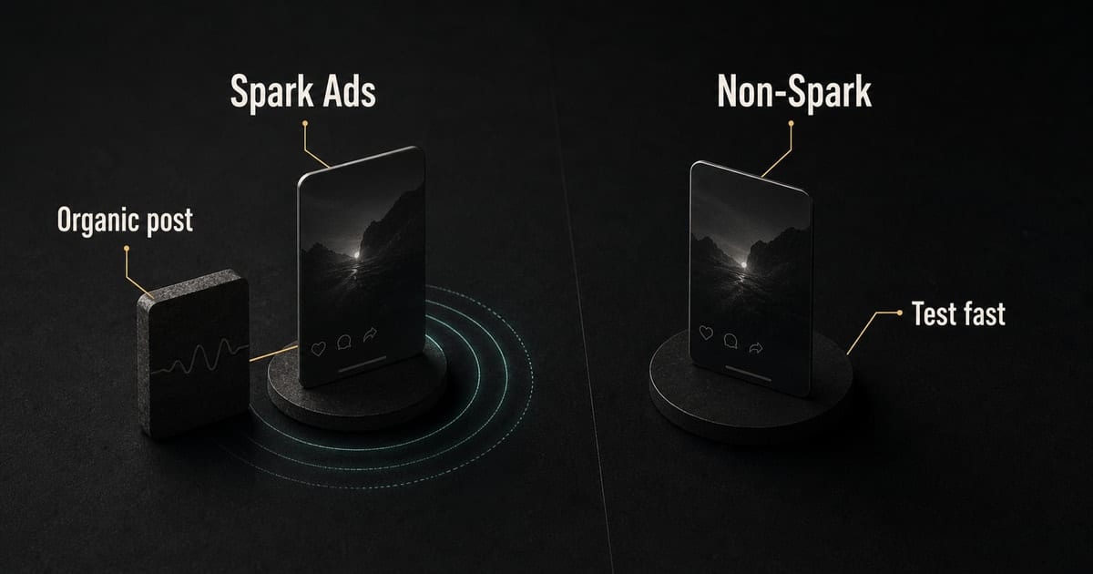 Dark TikTok ad comparison showing Spark Ads preserving organic engagement against standard non-Spark ads