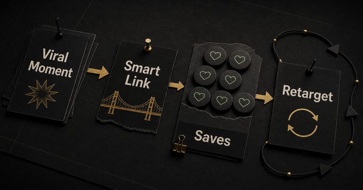 Dark editorial strategy-room illustration for TikTok to Spotify Conversion: Saves From Virality [2026]