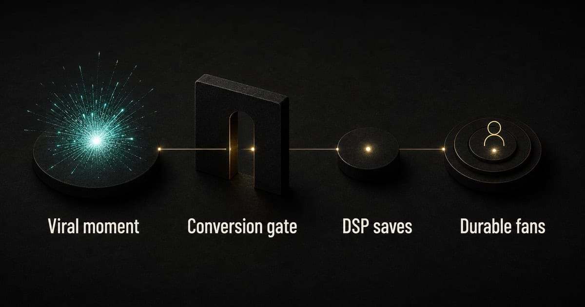 Dark TikTok conversion diagram showing viral moments becoming durable streaming only with a funnel