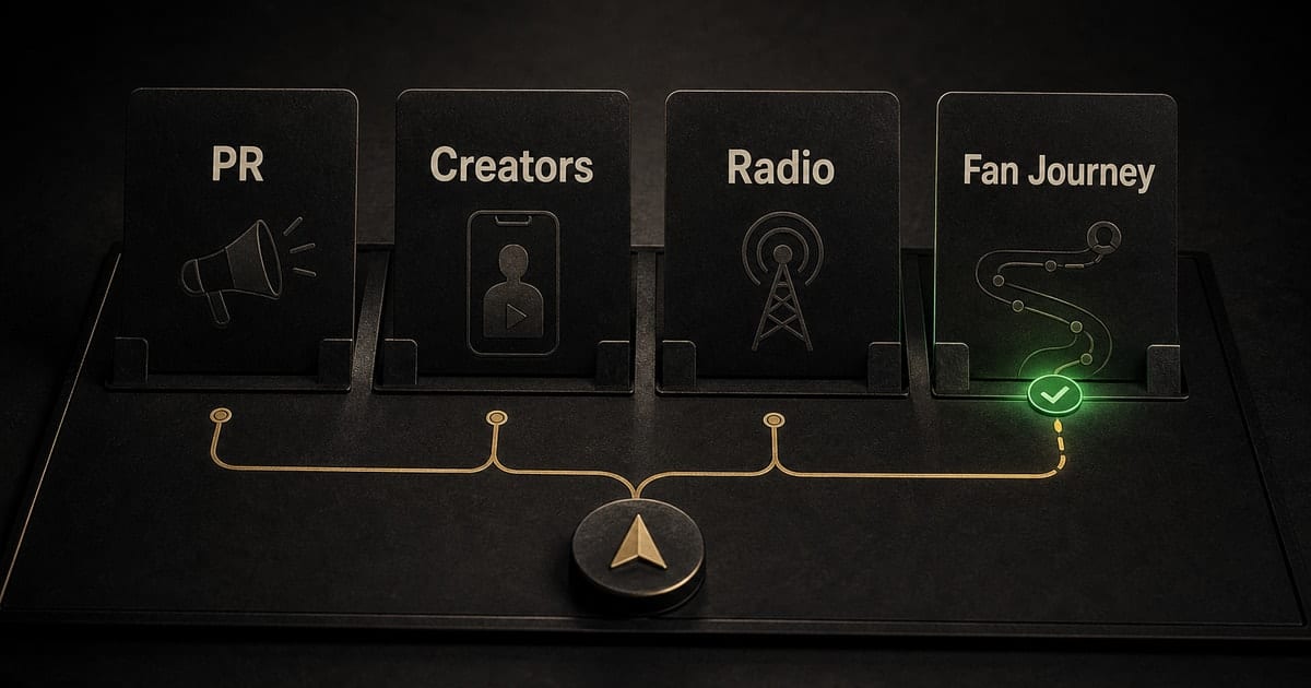 Dark editorial strategy-room illustration for Music Promotion Companies: 10 Agencies by Type [2026]