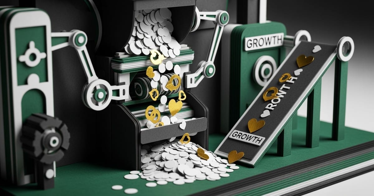 Macro photo of a paper-craft sorting machine separating gold foil hearts from plain paper dots, representing Spotify algorithm filters.