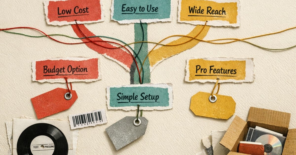 Editorial collage of distributor cards, route lines, price tags, and a vinyl test pressing for a TuneCore alternatives comparison.