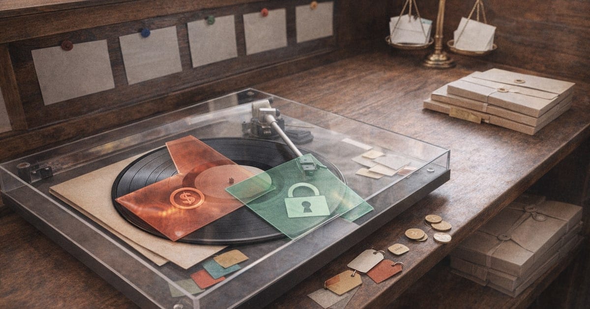 Record-store listening booth with a turntable, sealed distribution envelopes, translucent cost-risk overlay, and balance scale for a TuneCore review.