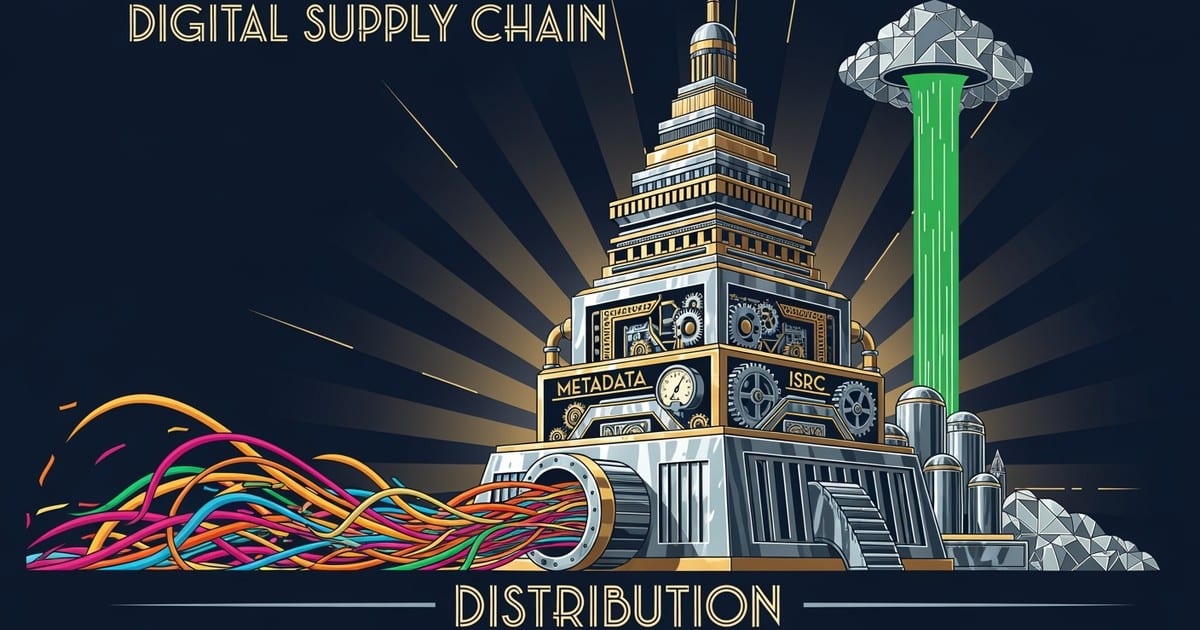 Retro-futuristic Art Deco poster showing a massive machine processing raw sound waves into a green data stream labeled 배포.