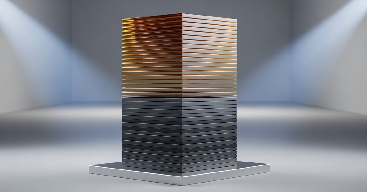 A conceptual sculpture of a vinyl record stack, where the bottom third is heavy matte slate and the top is translucent gold acrylic,