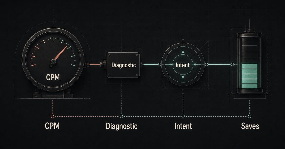 Dark CPM diagnostic diagram showing Instagram music ad impressions converting into save intent