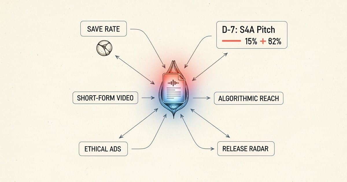 A vintage-style scientific diagram illustrating Spotify music promotion. A central audio file receives input from ads and vi