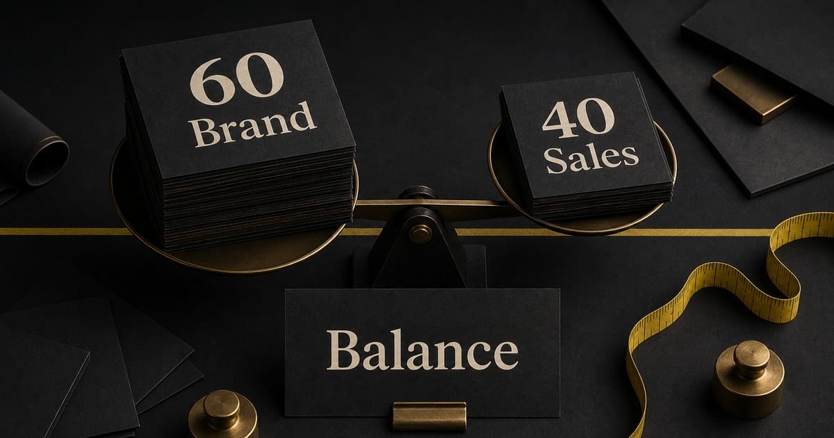 Dark editorial strategy-room illustration for 60/40 Rule in Advertising: Balance Brand and Sales [2026]