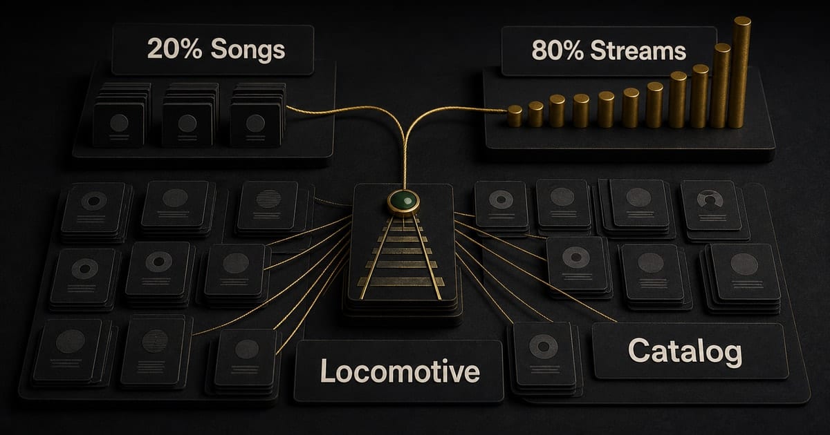 Dark editorial strategy-room illustration for 80/20 Rule in Songwriting: Back Your Locomotive [2026]