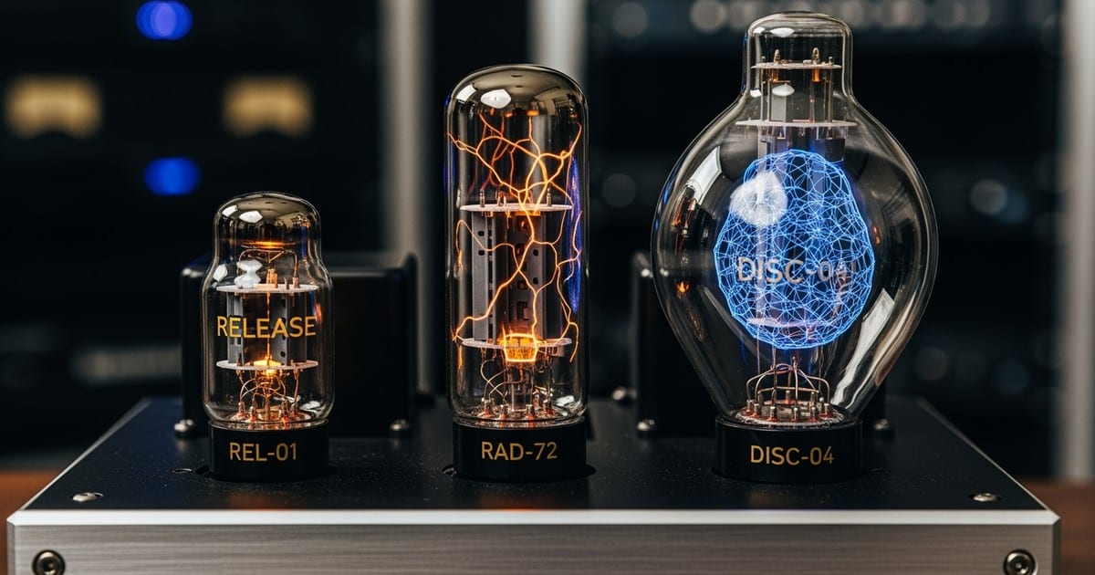 Three glowing vacuum tubes on a brushed metal amplifier surface, featuring a steady white light, a crackling amber arc, and a deep blue