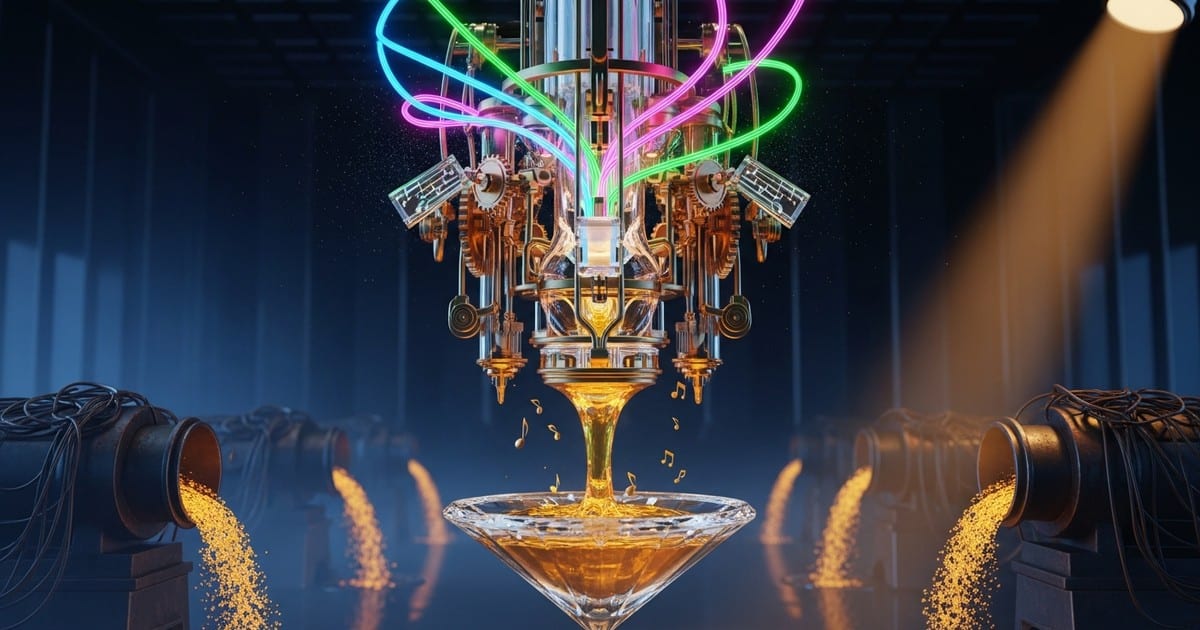 A surreal, cinematic 3D illustration of a futuristic golden machine converting neon soundwaves into pure liquid gold, representing 100%