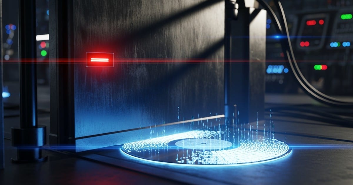 An industrial metal barrier with a glowing red rejection light blocks a translucent, pulsating blue digital vinyl record on a dark