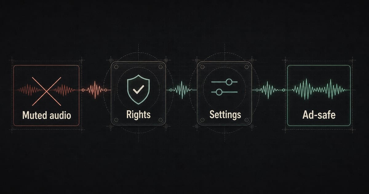 Dark audio rights troubleshooting diagram showing why music gets muted in Instagram ads