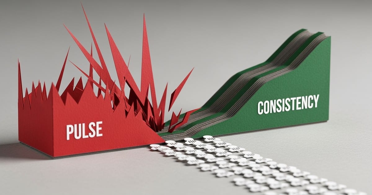 A paper craft diorama contrasts a jagged red line labeled 'PULSE' with a smooth green upward-climbing line labeled 'CONSISTENCY'.