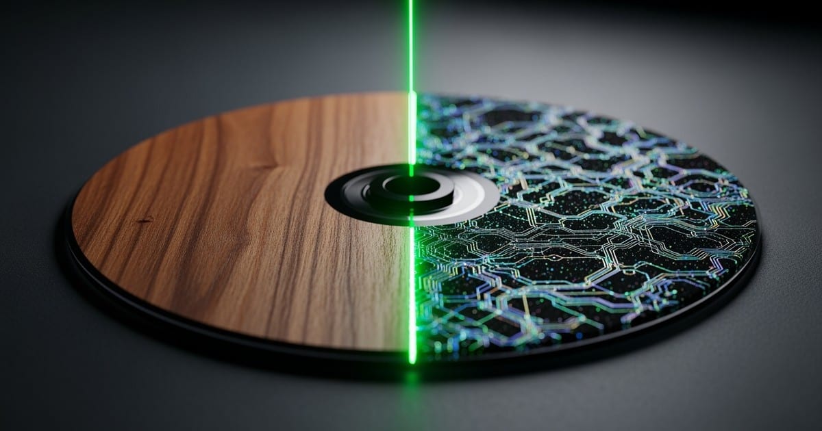 Macro conceptual shot of a hybrid audio disc transitioning from wood grain to digital circuitry, illuminated by a scanning emerald laser