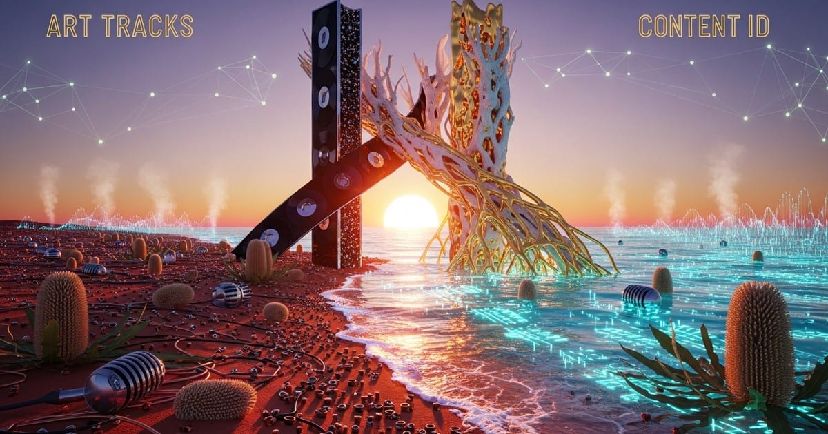 A surreal, cinematic landscape merging the Australian Outback with a bioluminescent coral reef, featuring structures made of gold and vinyl