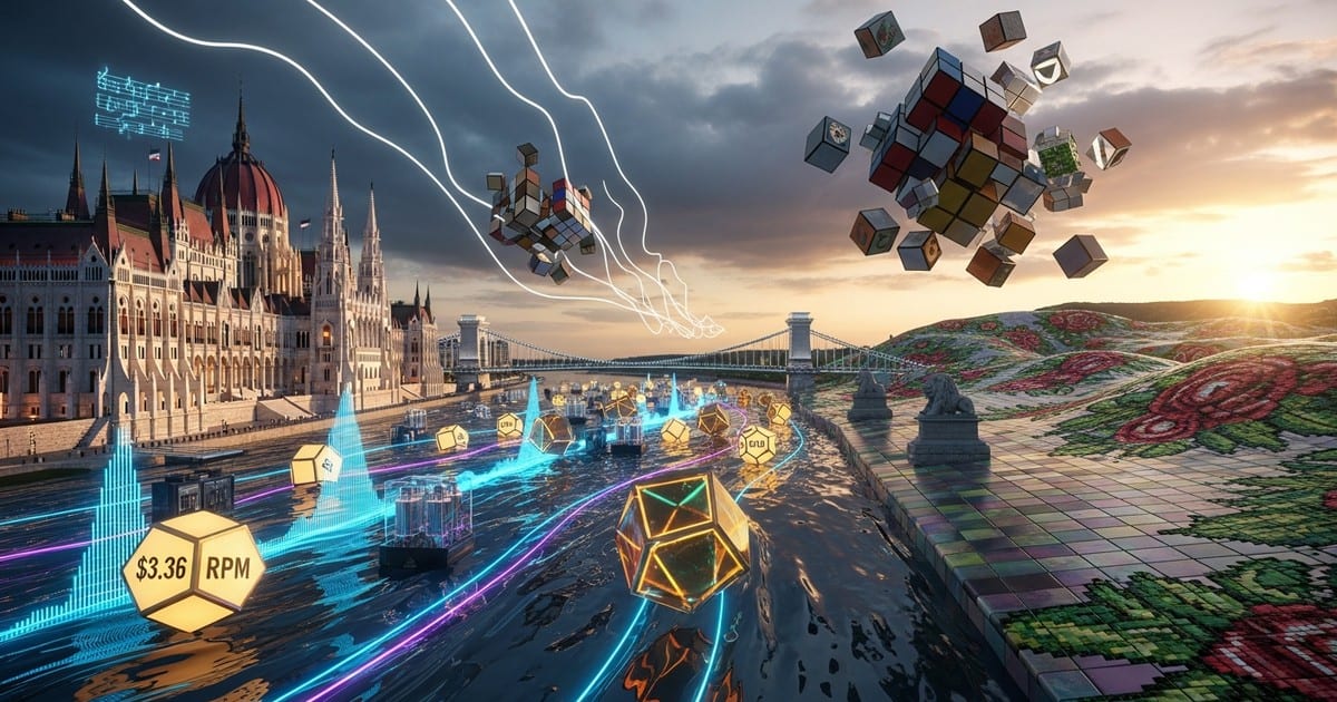 A surreal, cinematic illustration of the Budapest skyline where the Danube River is a flowing stream of glowing digital music data, flanked
