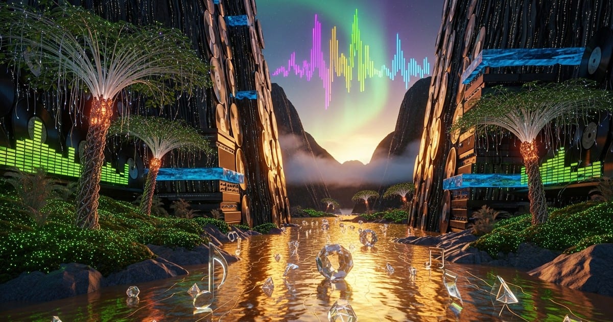 Surreal digital art landscape of New Zealand's Milford Sound where mountains are made of vinyl records and a river of liquid gold flows.
